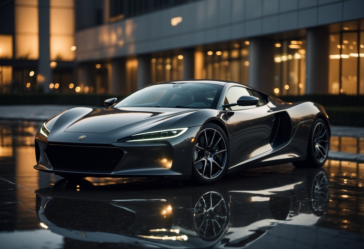 A sleek sports car parked in front of a modern building, with reflections of city lights on its shiny exterior