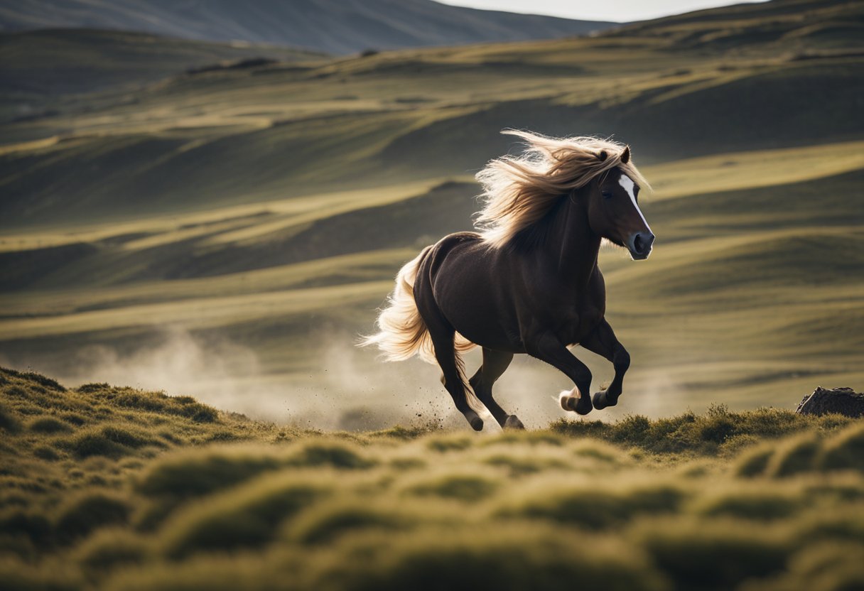 A spirited Icelandic horse gallops through rugged terrain, showcasing its unique temperament and versatility in various activities