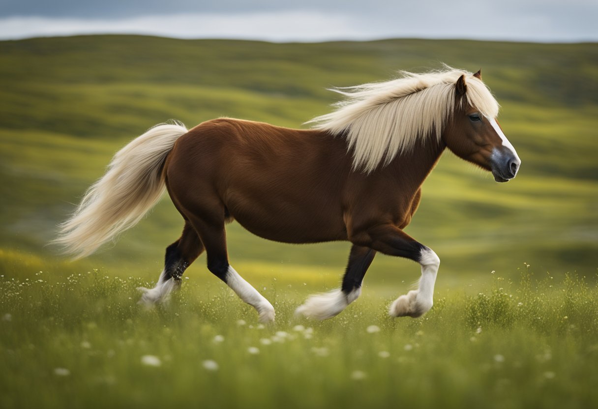 A spirited Icelandic horse trots gracefully in a lush meadow, showcasing its unique gait and temperament