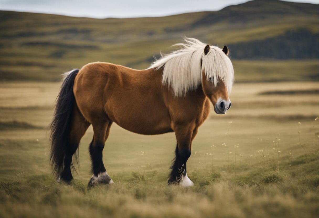 An Icelandic horse stands calmly in a field, its mane flowing in the wind. Its strong build and alert expression reflect its versatile temperament for various uses