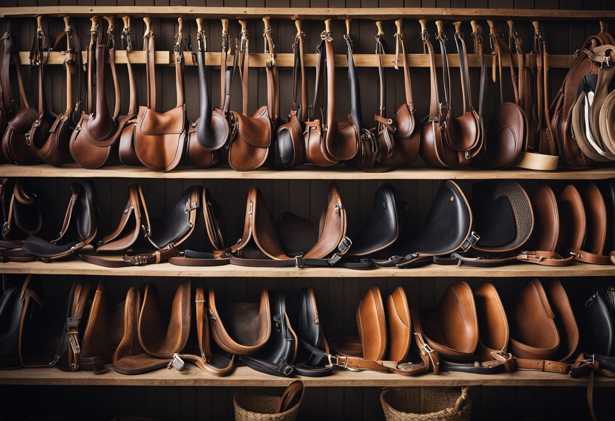 A well-maintained saddle sits on a sturdy rack, surrounded by various tools and supplies for care. The scene includes different types of saddles suitable for Icelandic horses and demonstrates the importance of proper fitting and maintenance