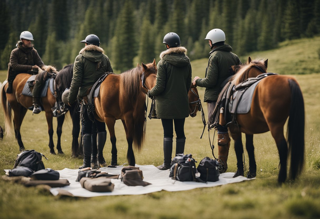 A group of riders prepare their Icelandic horses for a tour, checking gear and maps before setting off