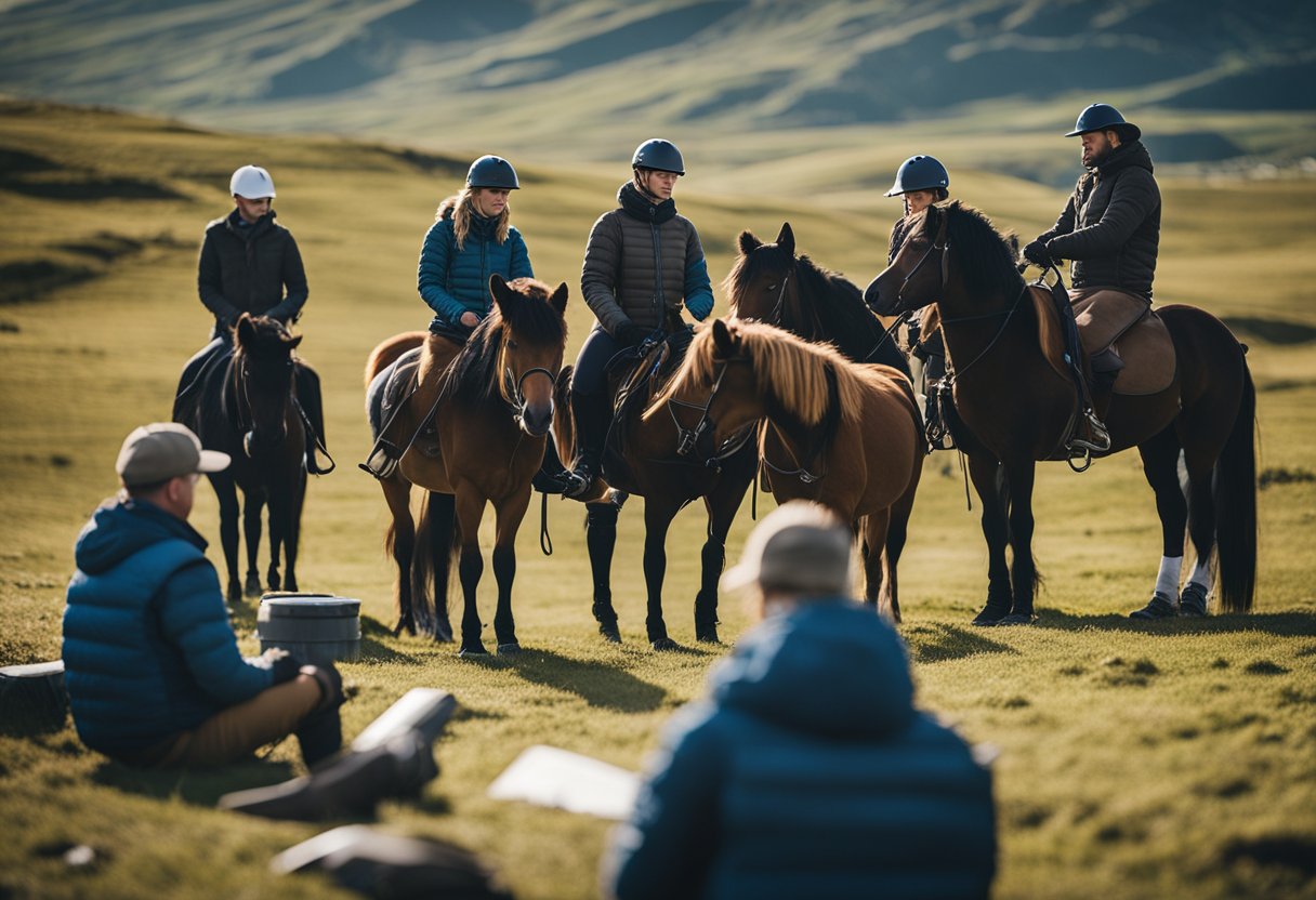 A group of riders prepare their Icelandic horses for a trail ride, checking equipment and maps before setting off