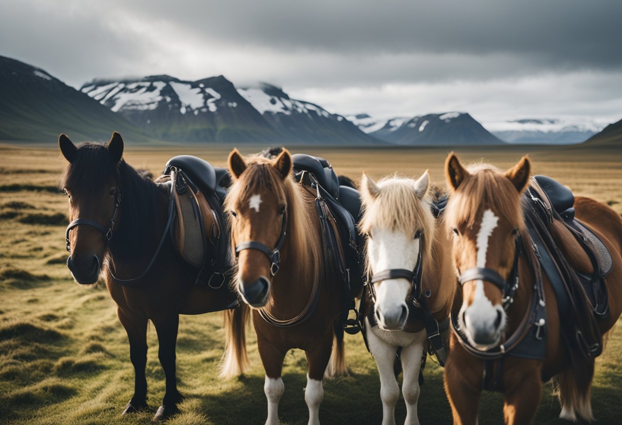 A group of Icelandic horses equipped for a riding tour, with saddles, bridles, and other gear laid out in preparation