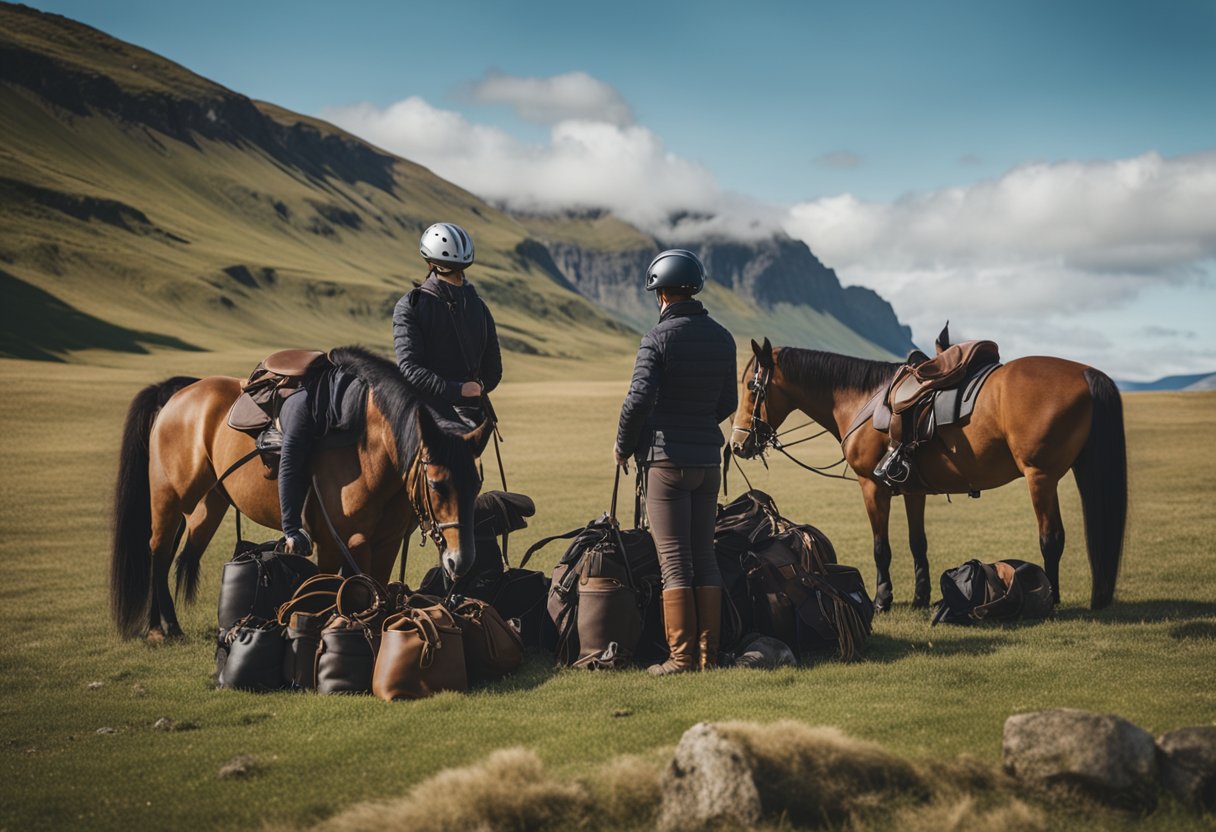 A group of riders prepare their equipment for an Icelandic horseback riding tour. Saddle, reins, and helmets are laid out neatly