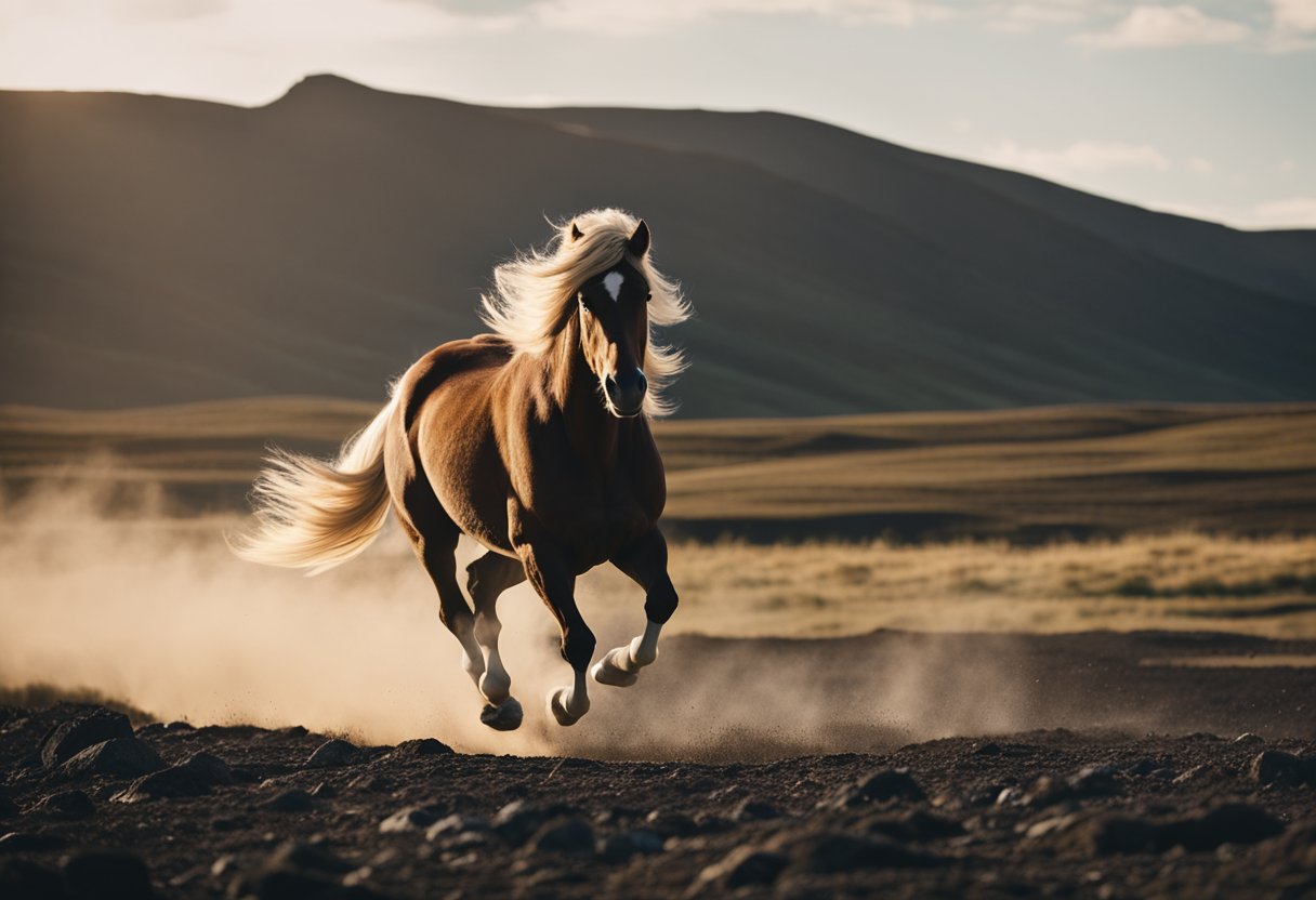 A powerful Icelandic horse galloping through a rugged landscape, showcasing its strength and agility in modern equestrian sports