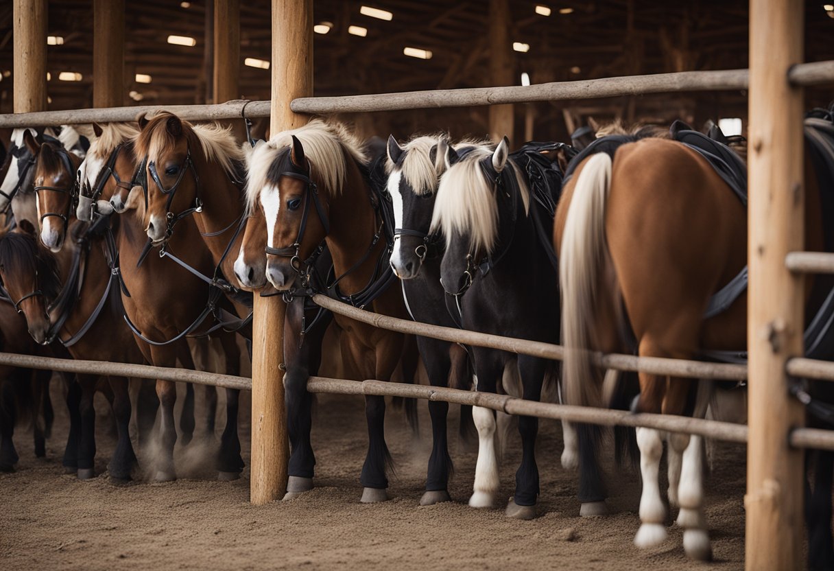 An array of training equipment for Icelandic horses displayed in a rustic barn setting