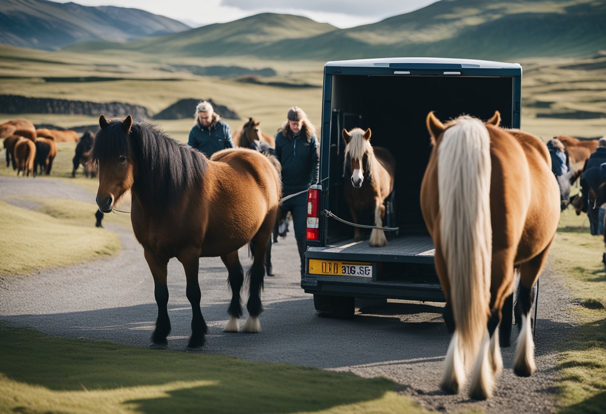 Several Icelandic horses being loaded onto a transport vehicle using a ramp and handlers guiding them