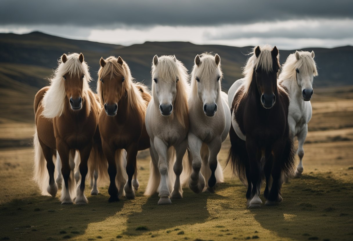 A group of Icelandic horses being transported, showcasing their unique history and character. Emphasize their sturdy build and flowing mane