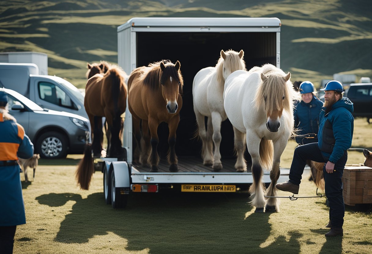 Preparing for transport: Icelandic horses being loaded onto trailers with care and attention to detail