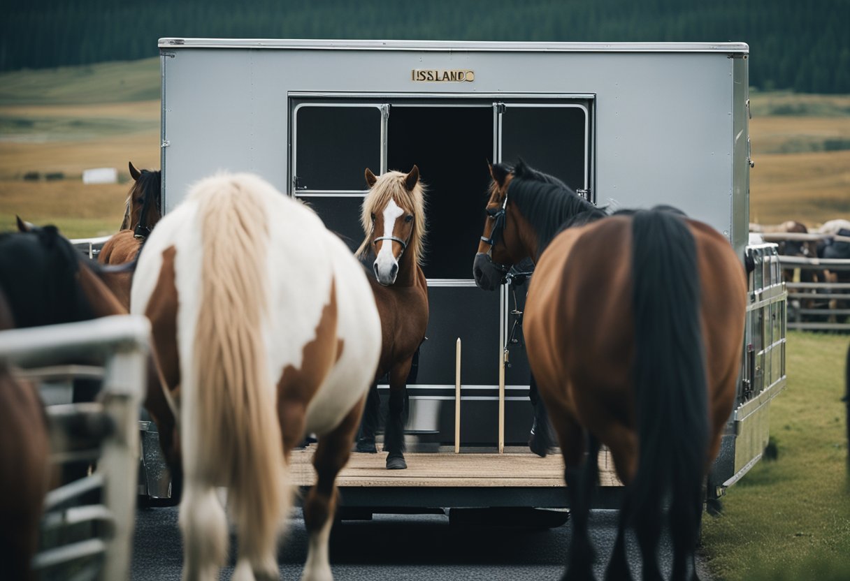 Islandic horses being transported in a trailer, with handlers using tips and tricks