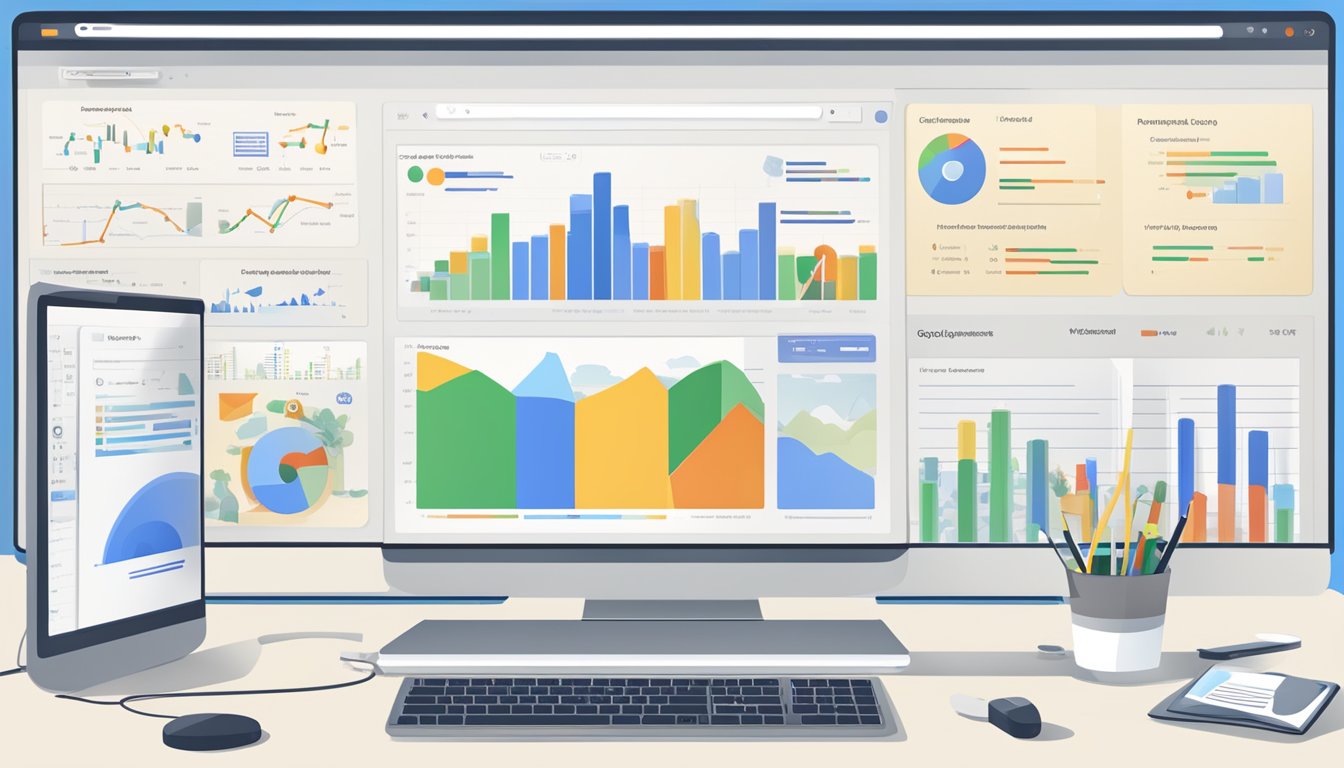 A computer monitor displaying Google Webmaster Tools with performance data and optimization suggestions