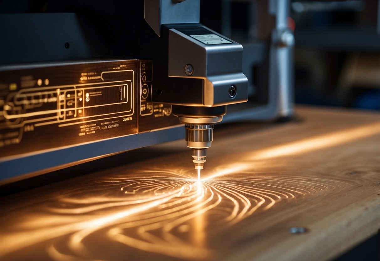 A laser engraver etches a design onto wood, emitting a precise beam of light. The machine's control panel displays settings for depth and speed