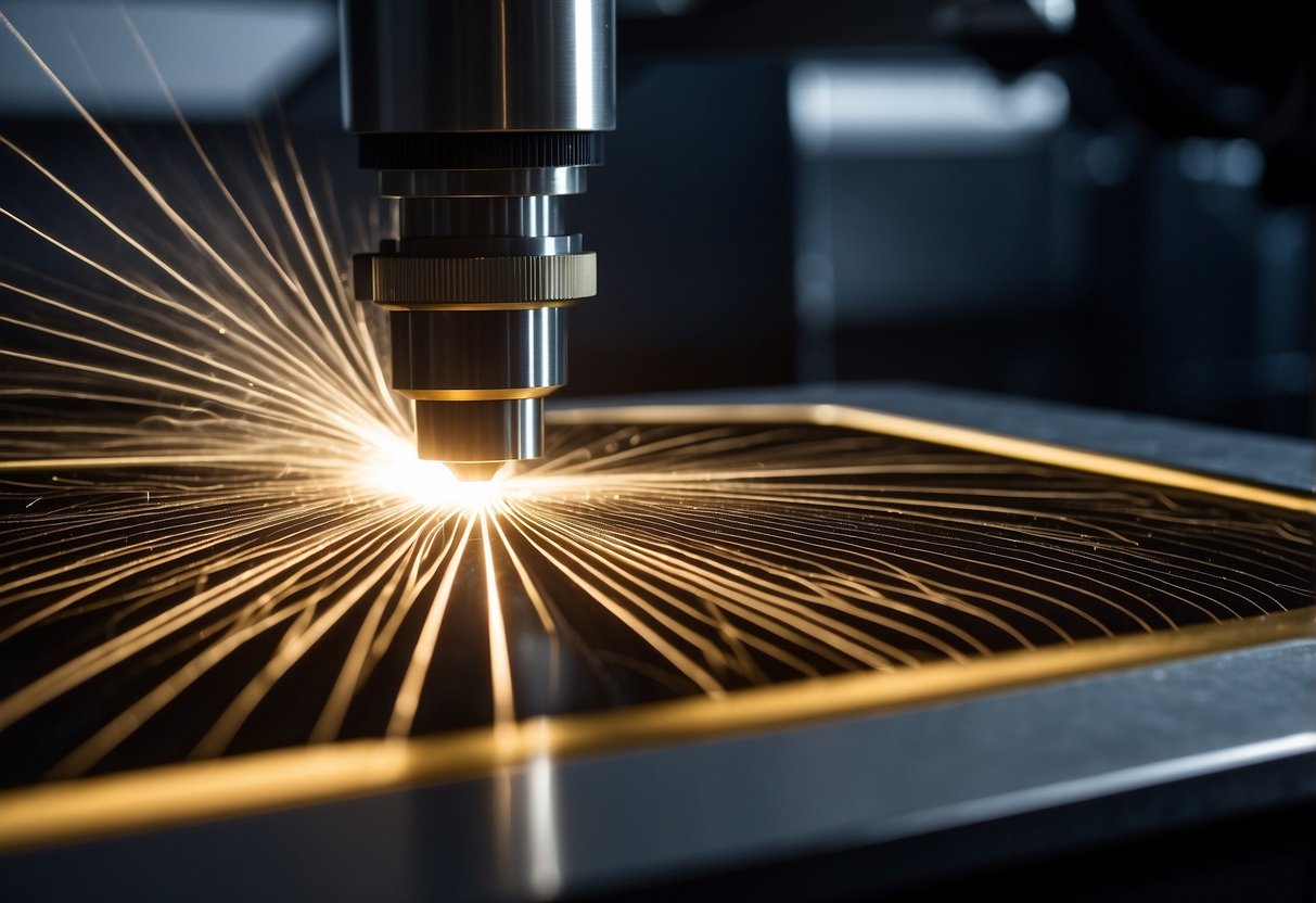 A laser engraver etches a design onto a metal plate, emitting a precise beam of light and creating intricate patterns