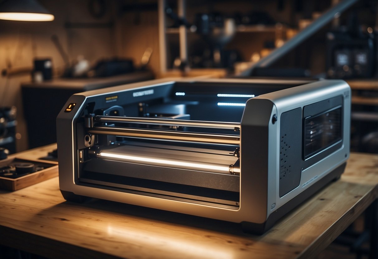 A beginner carefully selects a laser engraver from a variety of options on a workbench