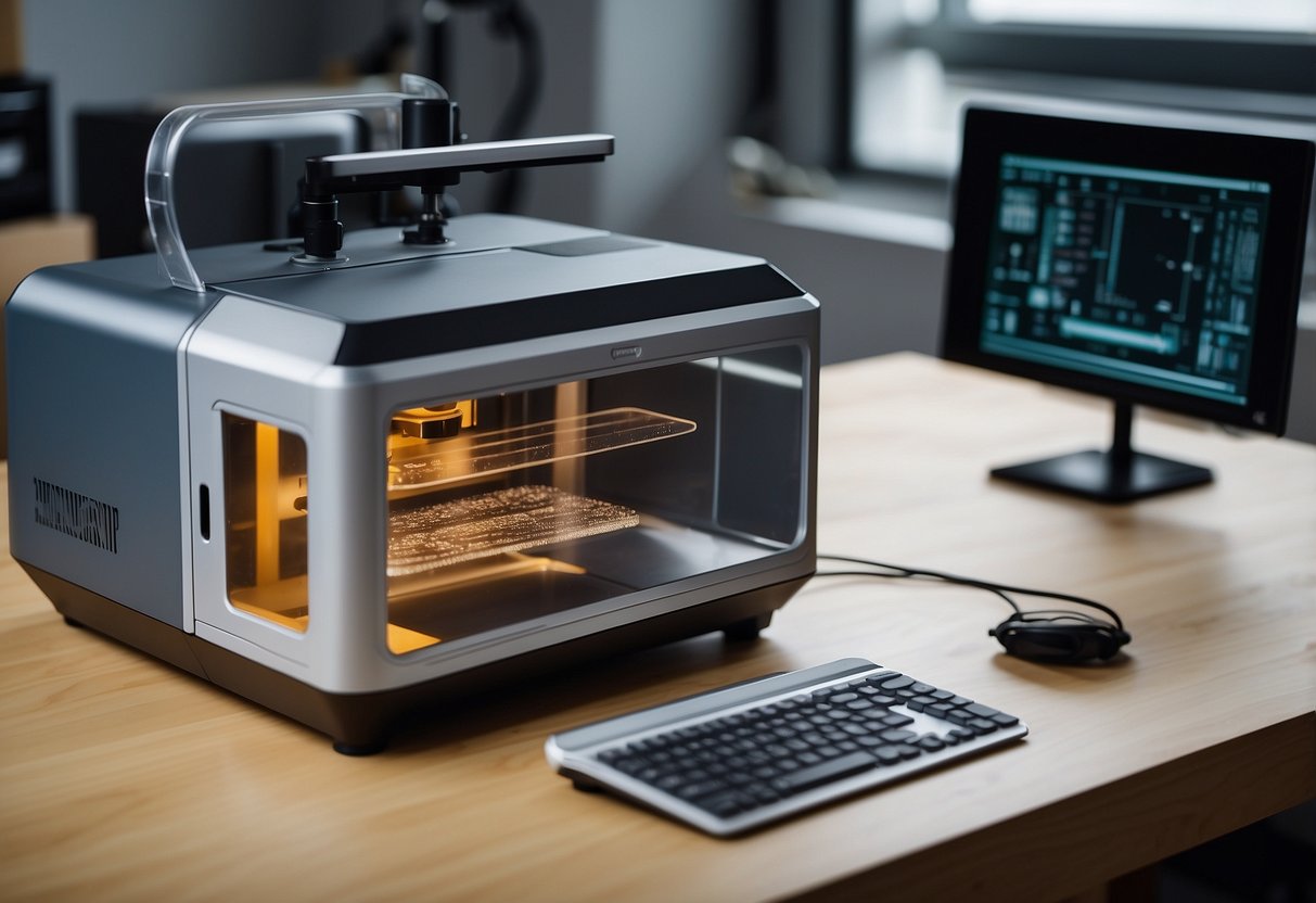 A table with a laser engraver, computer, and materials. Safety goggles and ventilation system in place. Labelled tools and clear work area