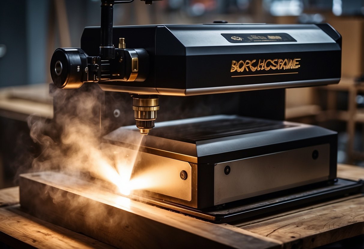 A laser engraver sits on a sturdy workbench, emitting a bright beam as it etches intricate designs onto a piece of wood. Smoke rises from the surface, adding a dramatic effect to the scene