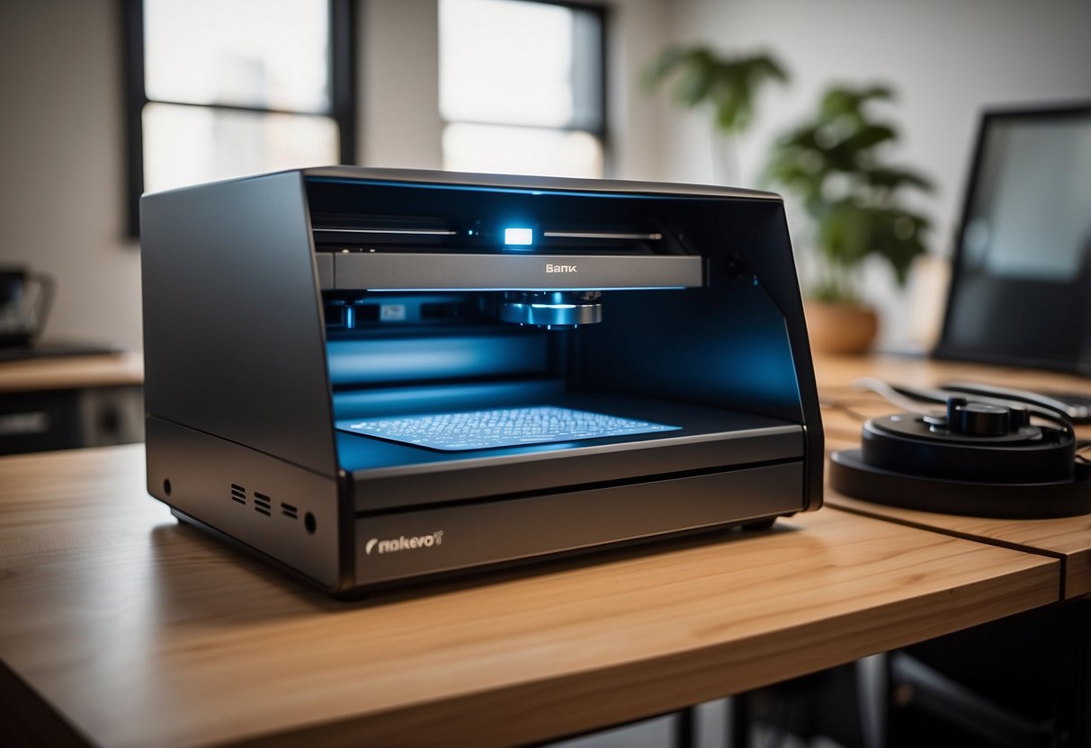 A laser engraver sits on a desk, connected to a computer. The software interface is simple and user-friendly, with clear buttons and instructions. The engraver is ready to create precise and detailed designs on various materials