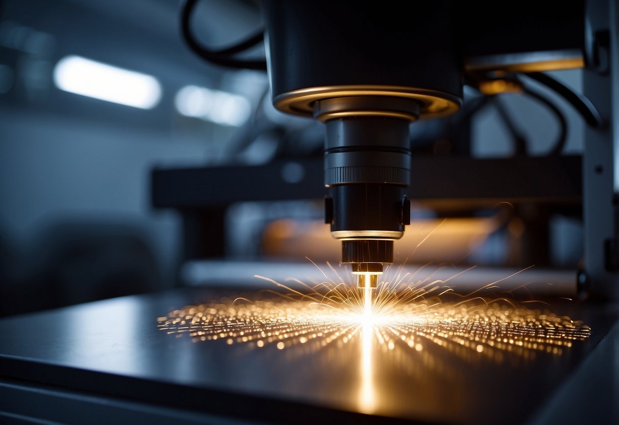 A laser engraver is turned on, emitting a bright beam of light onto a flat surface. The machine hums as it etches intricate designs onto the material