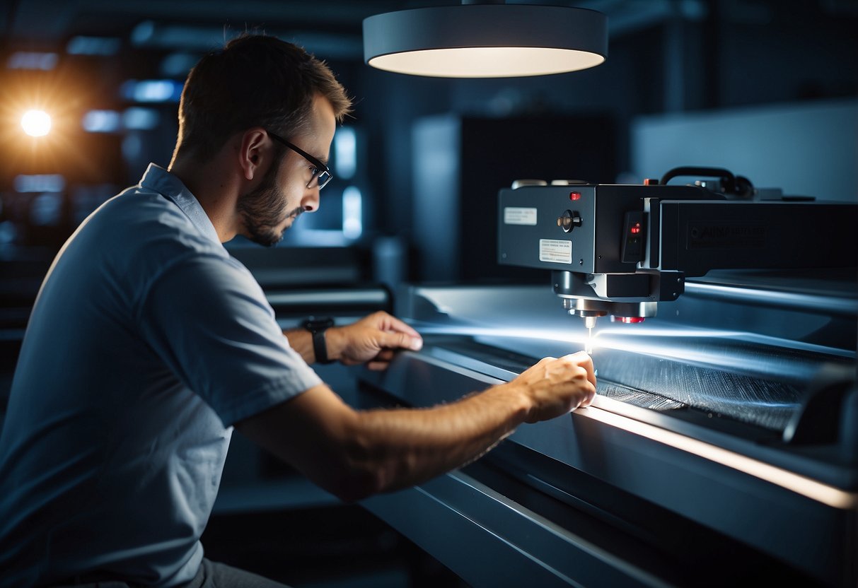 A laser engraver emits a focused beam onto a metal plate, creating precise markings. A technician checks the machine's settings and inspects the engraving quality