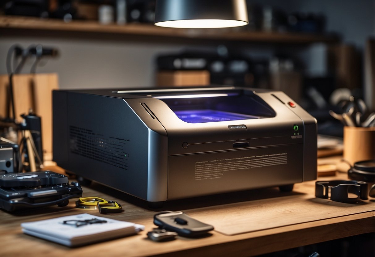 A laser engraver sits on a workbench surrounded by various tools and accessories, ready for use by a beginner