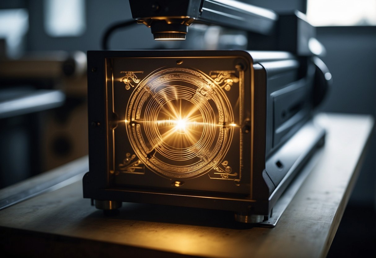 A laser engraver sits on a workbench, emitting a bright beam onto a wooden block. Smoke rises as the machine etches intricate designs onto the surface