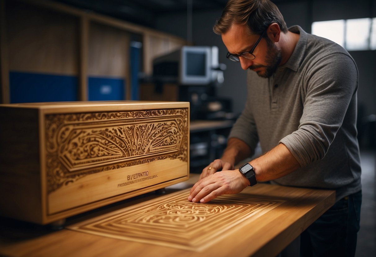 A laser engraving machine etches a detailed design onto a piece of wood, while a technician carefully adjusts the settings. The smell of burning wood fills the air as the machine creates a precise and intricate pattern