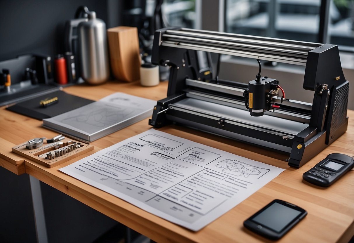 A laser engraving machine with various tools and materials laid out on a clean work surface, with a checklist of "10 tips and tricks for laser engraving projects" displayed nearby