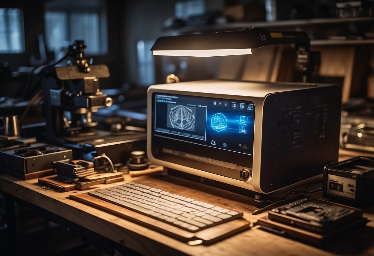 A laser engraving machine sits on a cluttered workbench, surrounded by various materials and tools. A computer monitor displays design software, while a beam of light emits from the machine onto a piece of wood