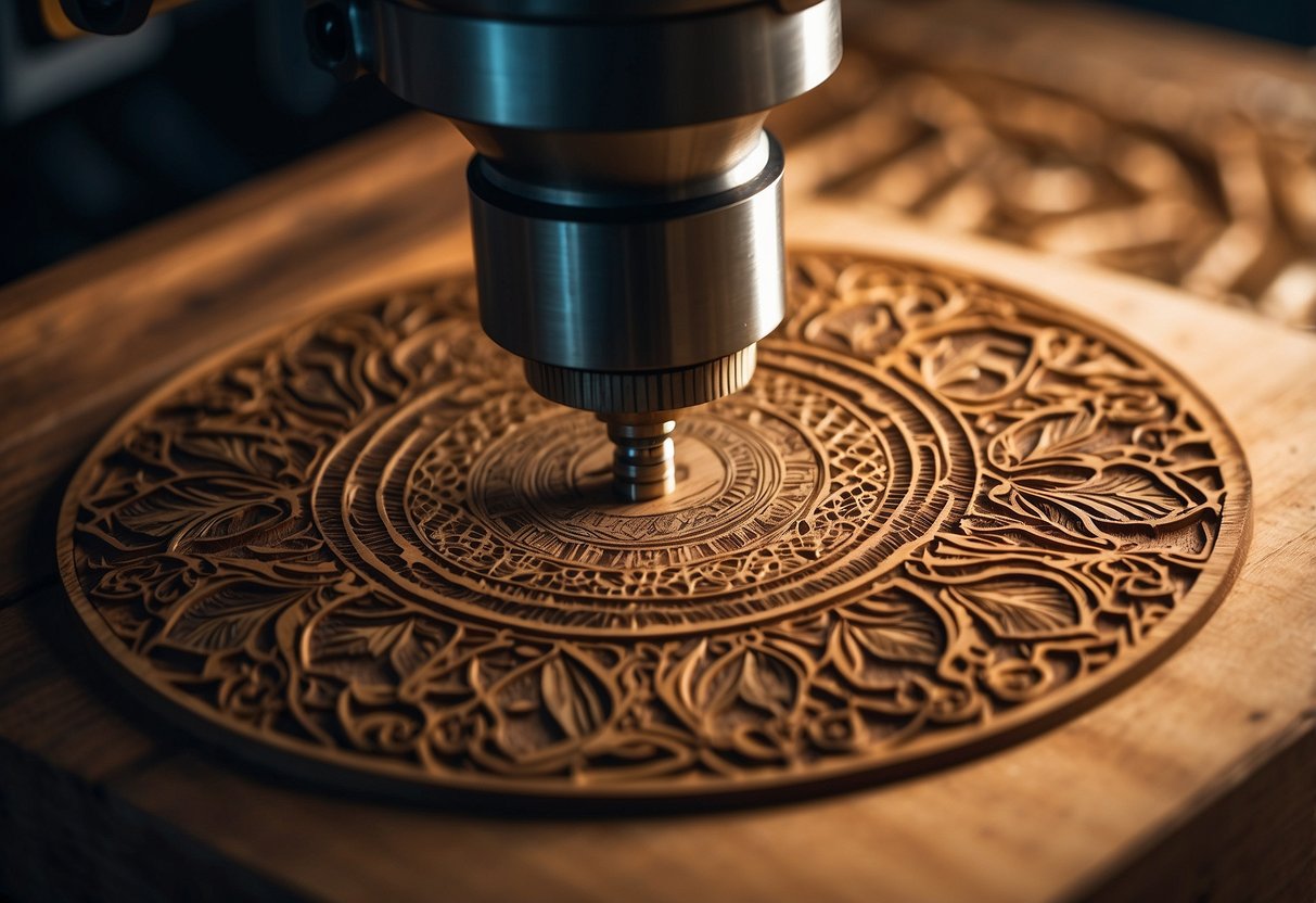 A laser engraving machine etches intricate designs onto a wooden plaque using advanced software techniques. Bright light illuminates the detailed patterns as the machine meticulously carves the surface