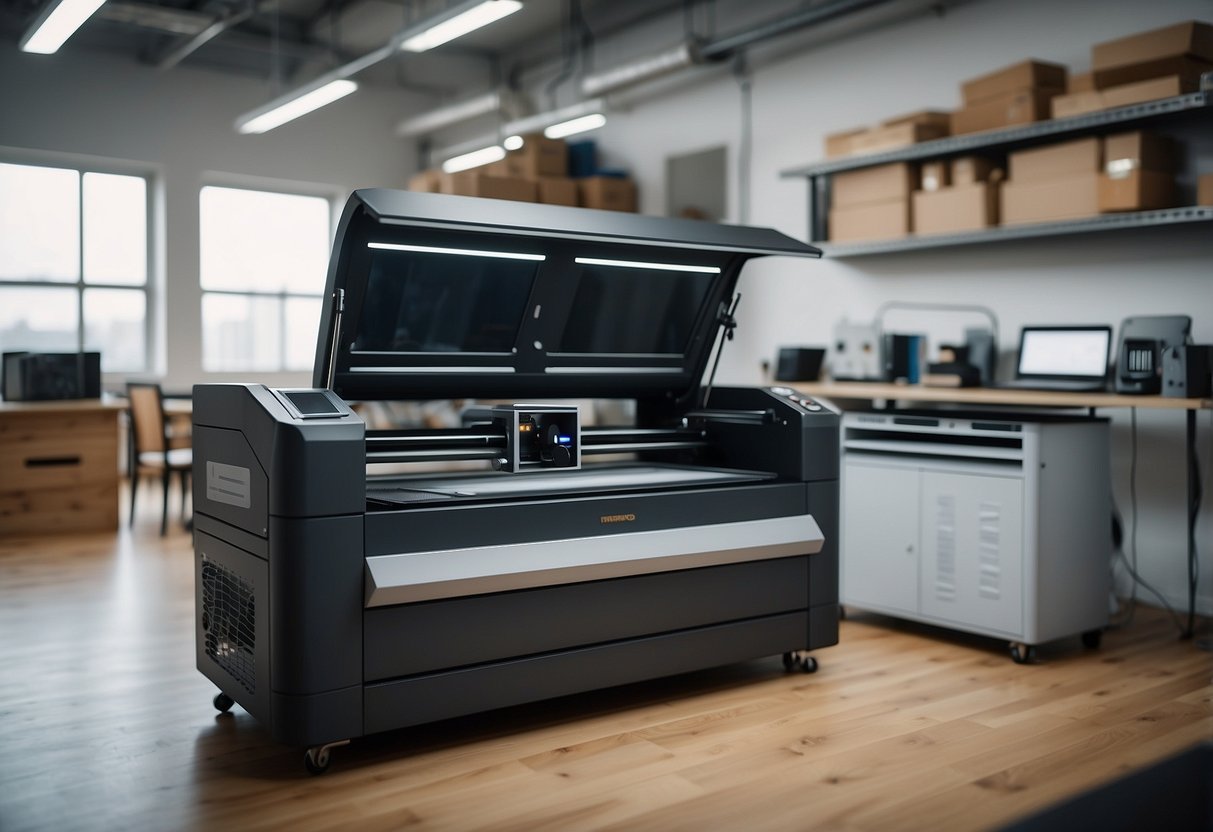 A laser engraving machine in a well-ventilated workspace with air ducts and fans. Materials and safety equipment are organized and nearby