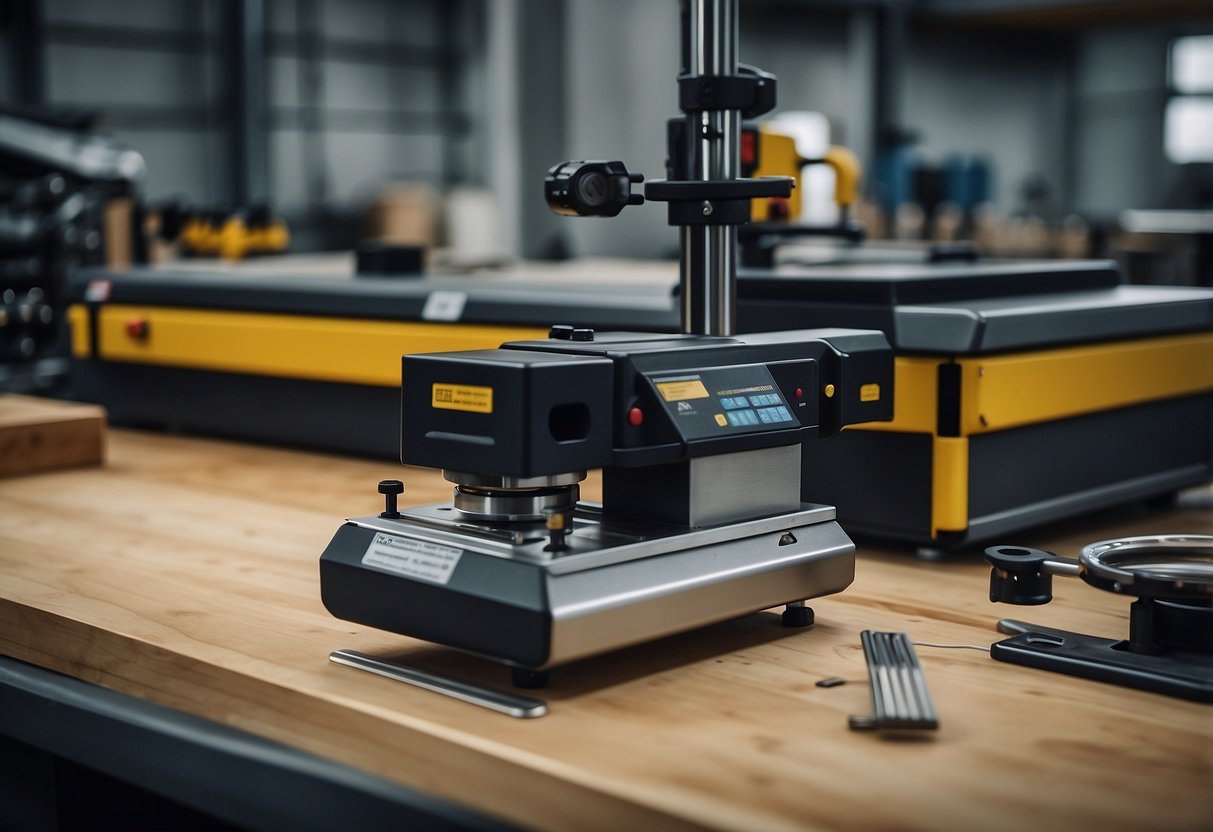 A workpiece clamped securely to a laser engraving machine. Safety goggles and gloves nearby. Various tools and materials organized on a workbench