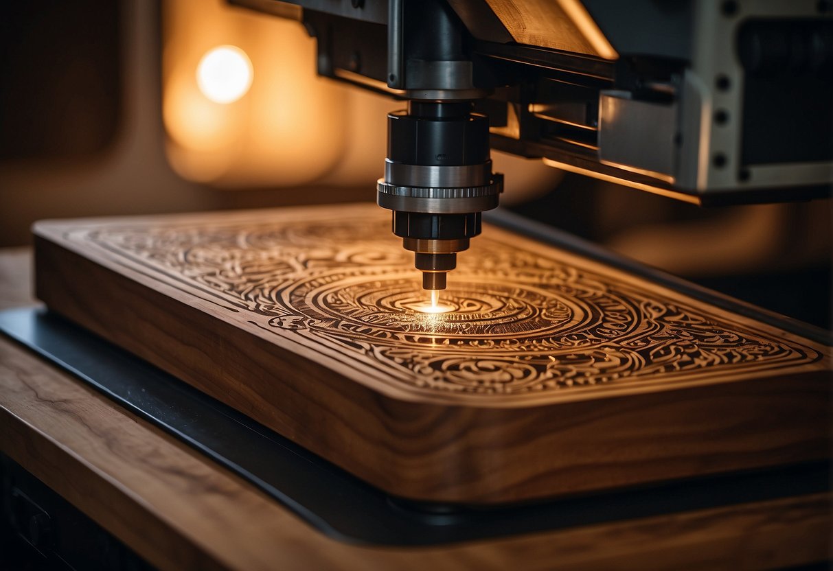 A laser engraving machine engraves intricate designs onto a wooden plaque with precision and speed. The laser beam moves quickly, creating detailed patterns with powerful accuracy