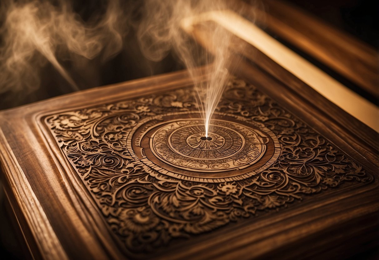 A laser engraving machine etches intricate designs onto a wooden plaque. The laser moves with precision, creating detailed patterns and text. Smoke rises as the wood is carefully engraved