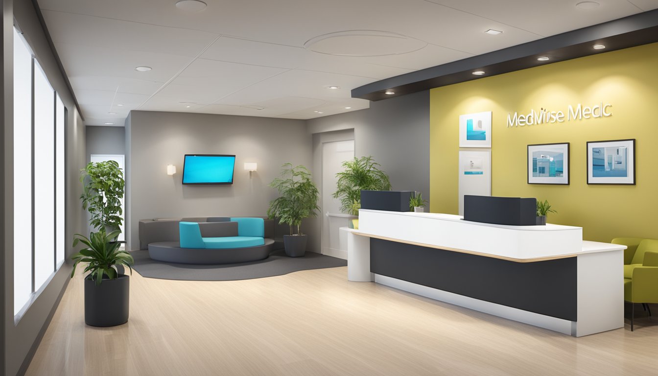 A modern medical concierge office with a sleek reception desk, comfortable seating, and a professional atmosphere. The logo "Medwise Medical Concierge" is prominently displayed on the wall