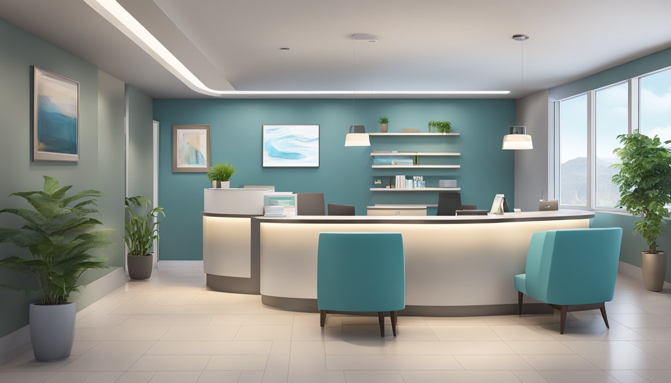 A modern, sleek medical concierge office with a professional reception area, comfortable seating, and a calming color scheme
