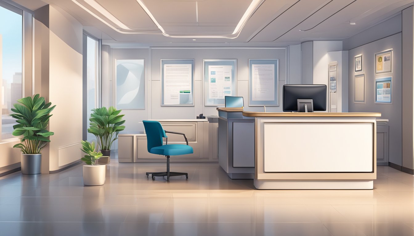 A medical concierge desk with a friendly receptionist, computer, and phone. A comfortable waiting area with chairs and magazines. Clean and modern decor