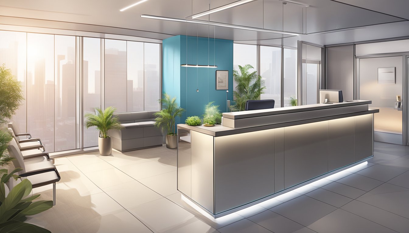 A modern, sleek medical concierge office with a welcoming reception area, comfortable seating, and a professional staff assisting patients
