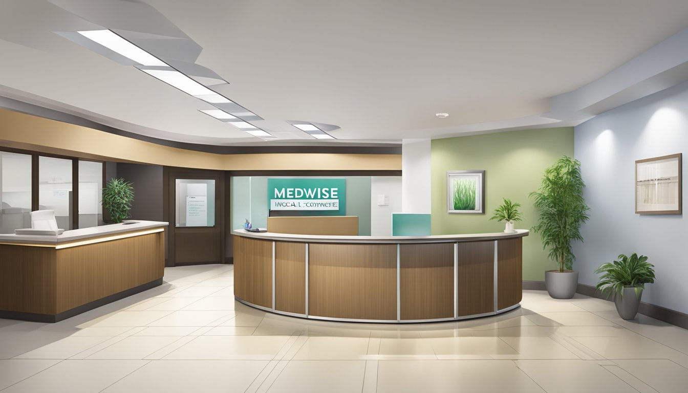 A bright, modern medical concierge office with a sleek reception desk and comfortable waiting area. The sign "Medwise Medical Concierge" is prominently displayed. Opening hours are listed on a nearby board