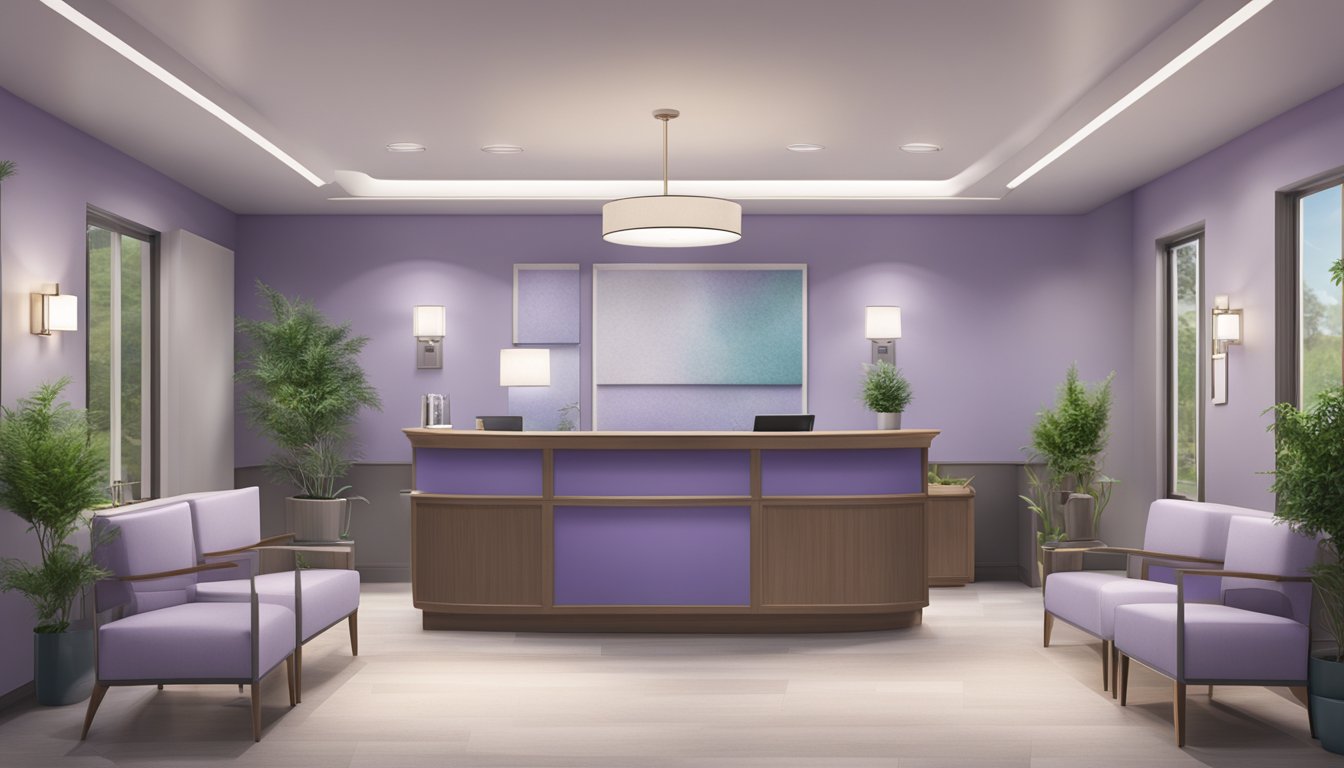 A serene, modern medical concierge office with lavender accents and a welcoming atmosphere. Comfortable seating, soft lighting, and professional staff create a calming environment