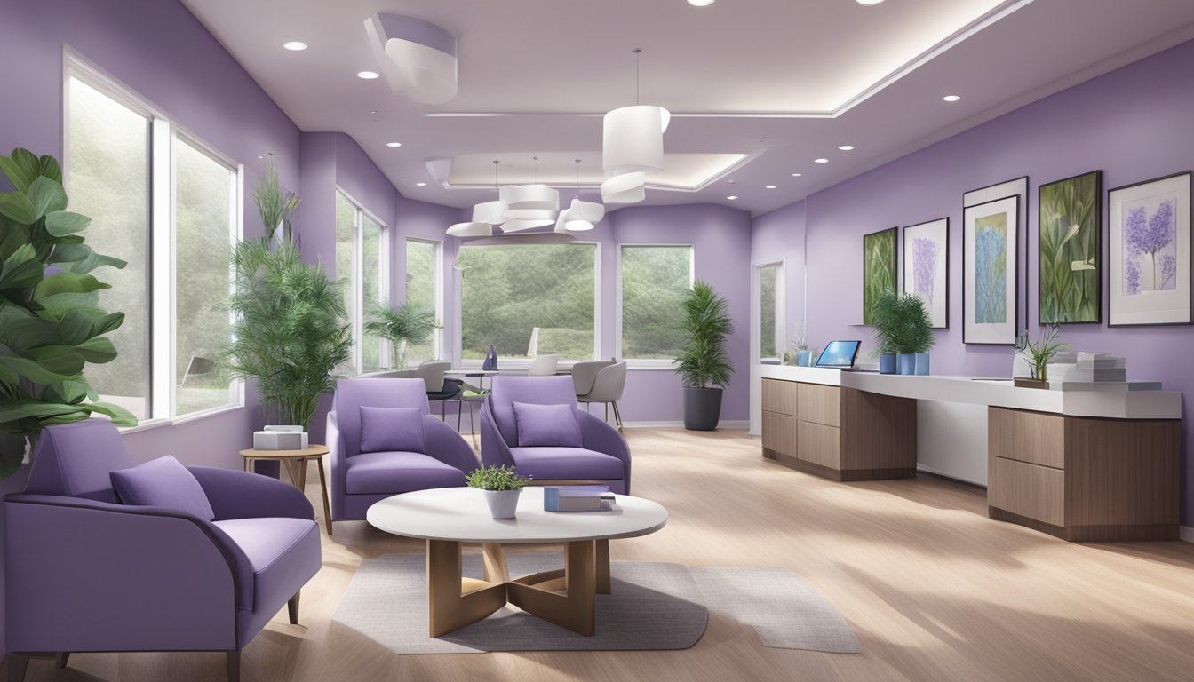 A tranquil medical concierge office with lavender accents and modern furnishings, exuding a sense of calm and professionalism