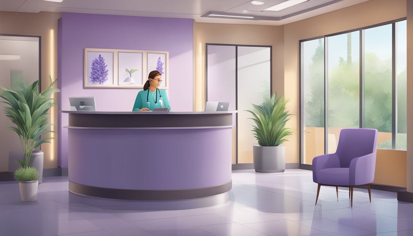 A serene medical concierge desk with lavender accents and modern decor. A friendly receptionist greets patients in the tranquil waiting area