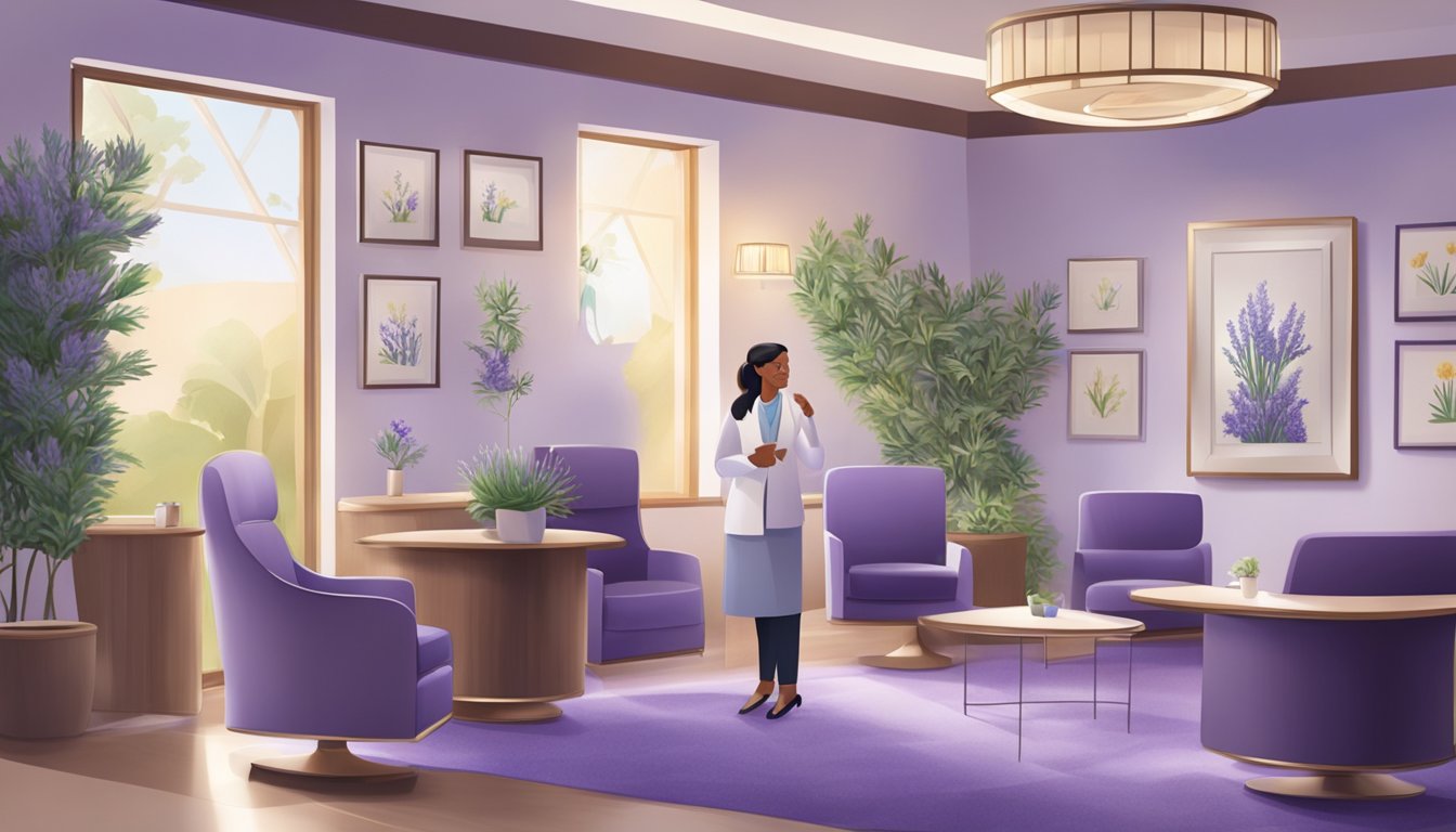 A serene medical concierge office with lavender decor and comfortable seating. A receptionist greets a patient with a warm smile