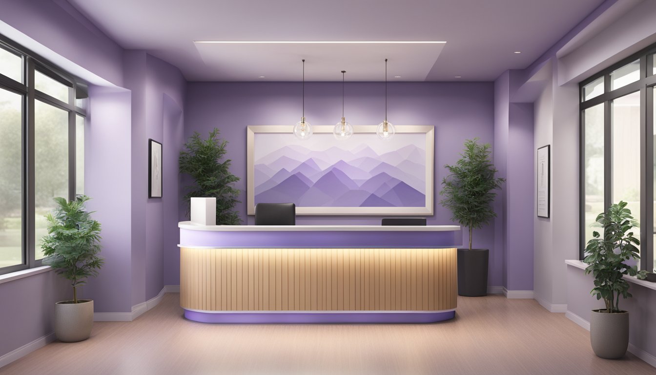 A modern medical concierge office with a sleek reception desk, comfortable seating, and a calming lavender color scheme. Open hours displayed prominently