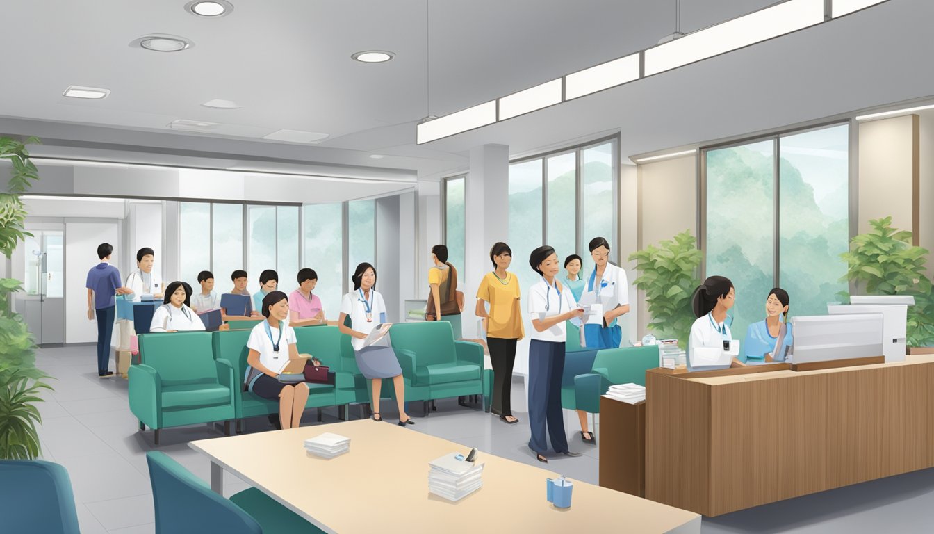 The bustling waiting room of Singapore Medical Group, with patients checking in at the front desk and medical staff attending to their needs