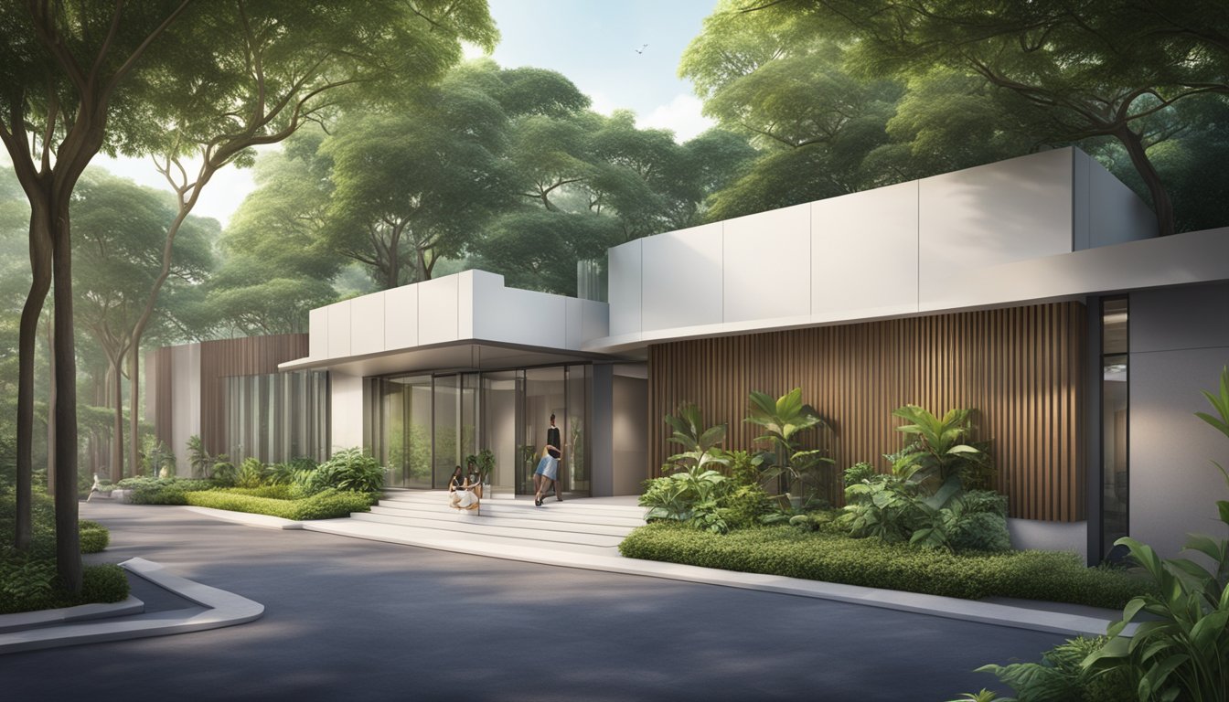 A modern medical clinic in Singapore, with sleek architecture and a welcoming entrance. The clinic is surrounded by lush greenery and has a serene, professional atmosphere