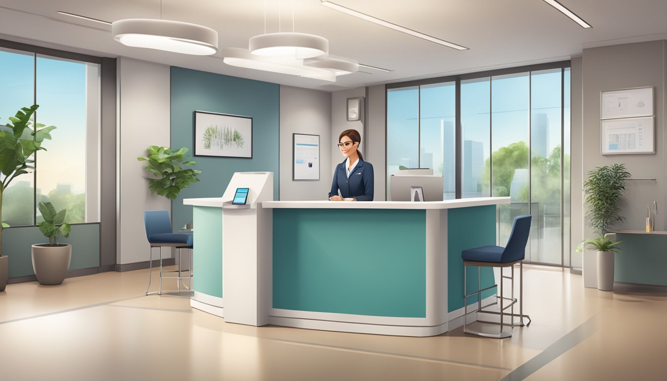 A modern medical concierge desk with a friendly receptionist, sleek furniture, and a calming atmosphere
