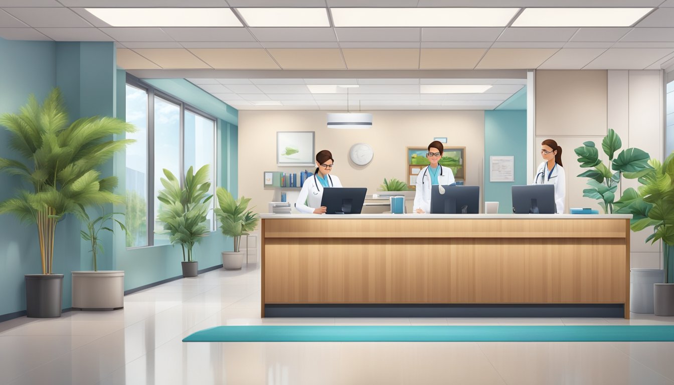 A bustling medical concierge desk with staff assisting patients, surrounded by modern facilities and a calming atmosphere