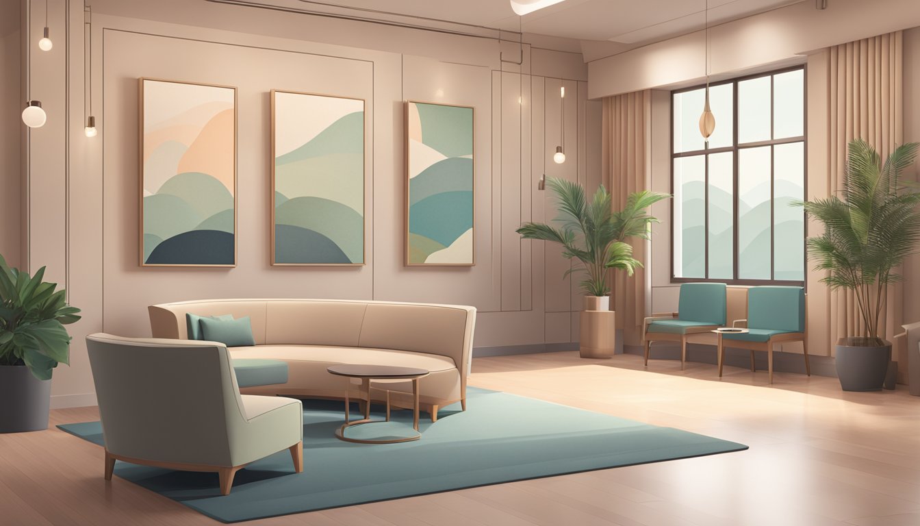 A serene waiting room with modern furniture and a reception desk. Soft lighting and a calming color scheme create a welcoming atmosphere