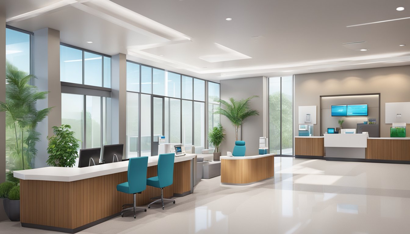A modern medical concierge facility with sleek design, state-of-the-art equipment, and a welcoming reception area